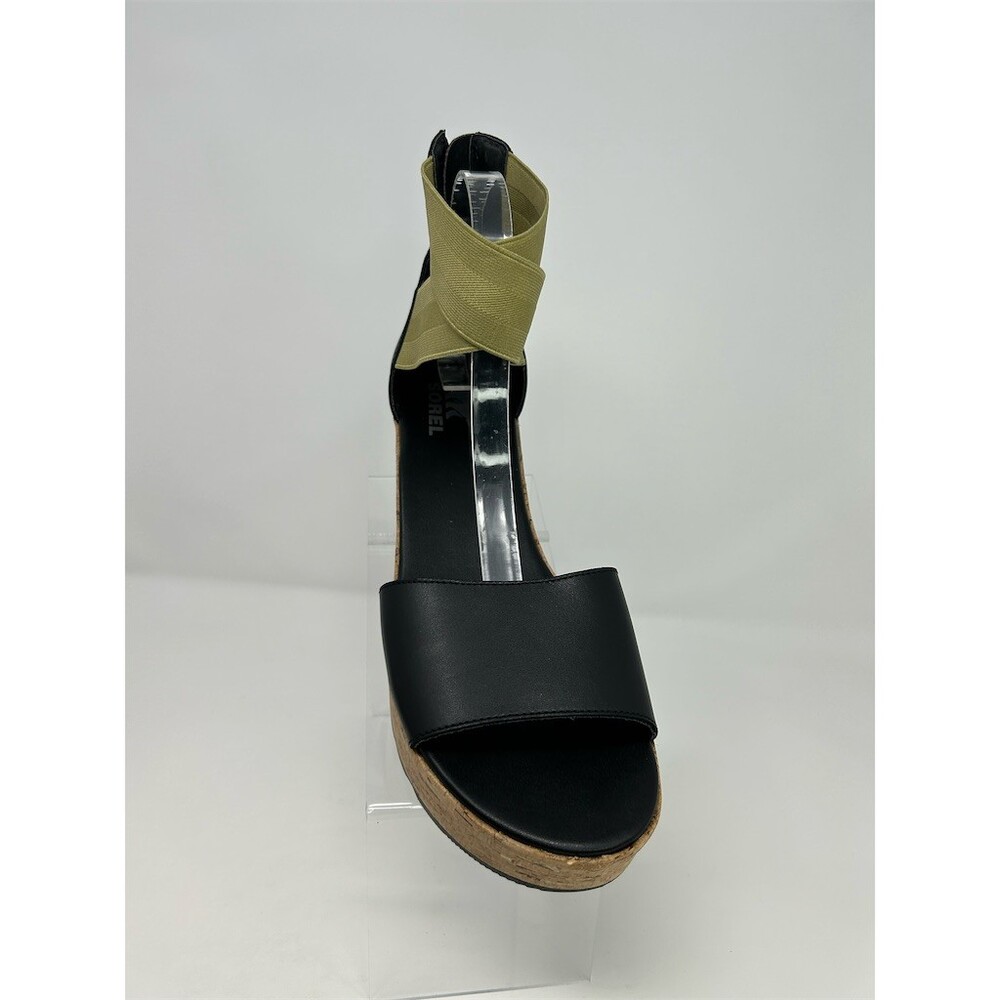 SOREL Platform Wedge Sandals Womens Black Cork Midsole Elastic Straps Size 11 - Picture 2 of 12